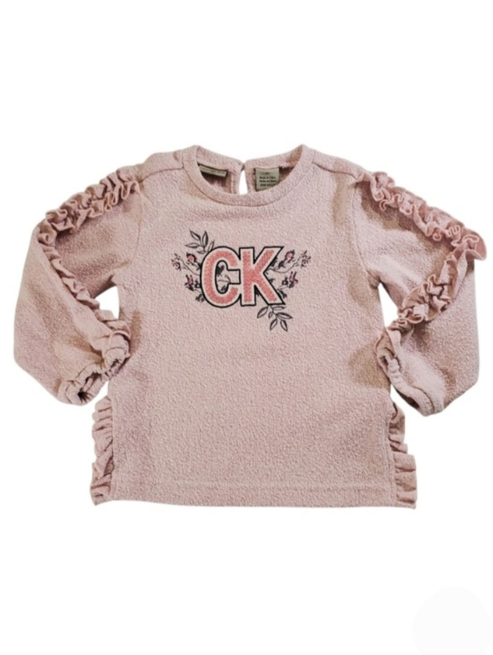 K1085 Calvin Klein Jeans Sequin Logo Ruffle Sleeve Sweater Pink Size 4T